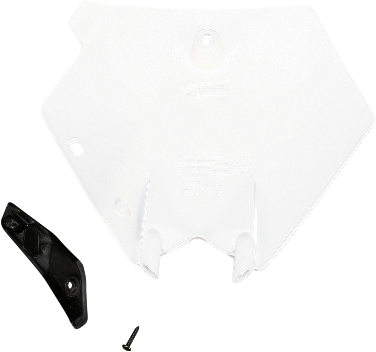 White Acerbis front number plate for motorcycle, mounted on body with visible mounting points and aerodynamic design features