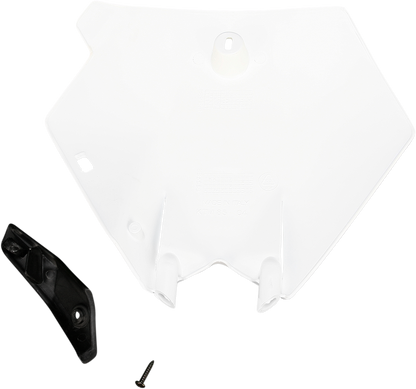 White Acerbis front number plate for motorcycle, mounted on body with visible mounting points and aerodynamic design features