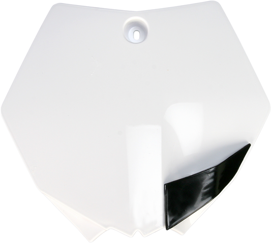 White Acerbis front number plate for motorcycle, mounted on body with visible mounting points, designed for custom bike styling.