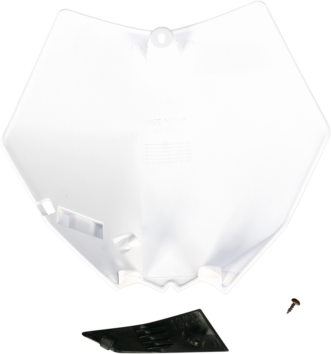 Acerbis white front number plate for motorcycles, mounted on a bike, showcasing the sleek body design and clean white finish.