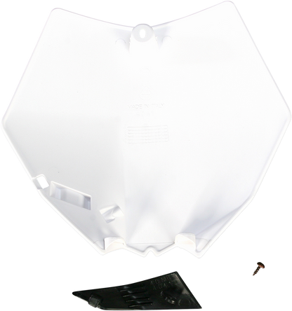Acerbis white front number plate for motorcycles, mounted on a bike, showcasing the sleek body design and clean white finish.