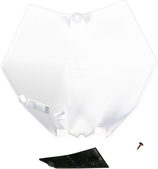 Acerbis white front number plate for motorcycles, mounted on a bike, showcasing the sleek body design and clean white finish.