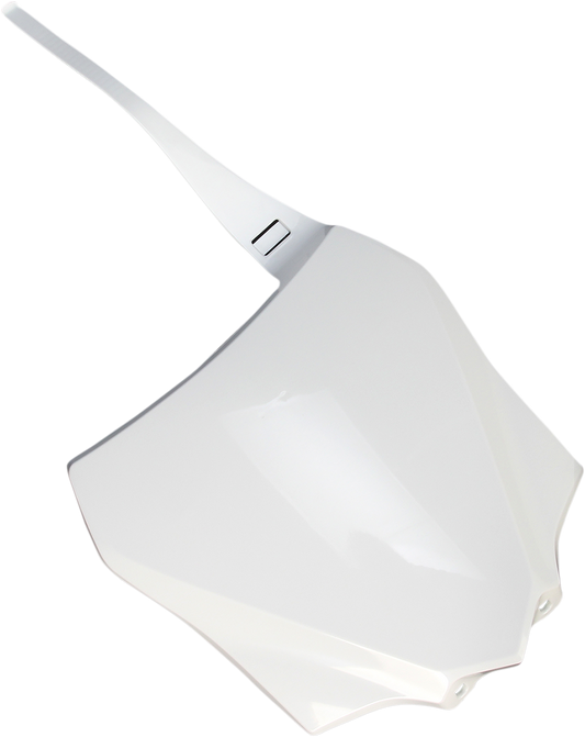 Acerbis white front number plate for motorcycles, mounted on a body with branding and mounting hardware visible.