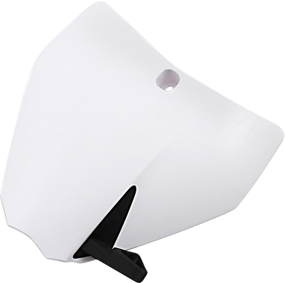 Acerbis white front number plate mounted on a motorcycle, featuring a sleek body design with clear branding.