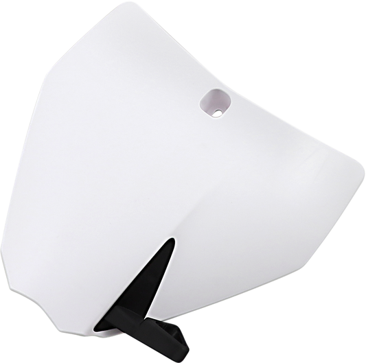 Acerbis white front number plate mounted on a motorcycle, featuring a sleek body design with clear branding.