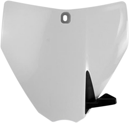 Acerbis white front number plate for motorcycle, mounted on a bike, showcasing sleek body design and branding.