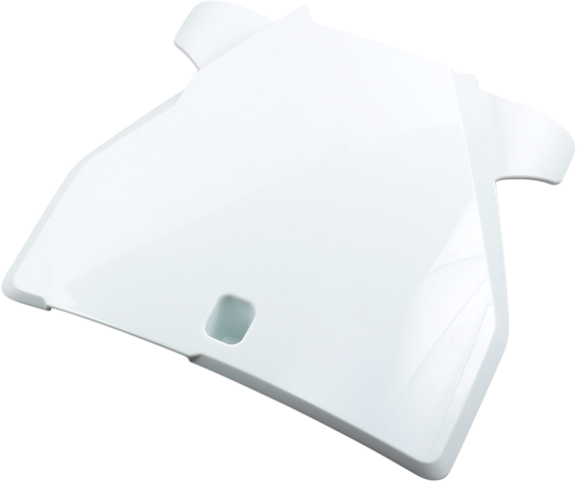 White ACERBIS front number plate for motorcycle, mounted on a vehicle body, with mounting brackets visible.