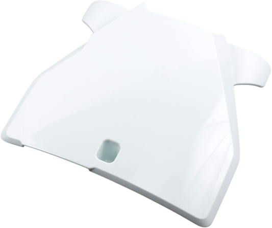 White ACERBIS front number plate for motorcycle, mounted on a vehicle body, with mounting brackets visible.