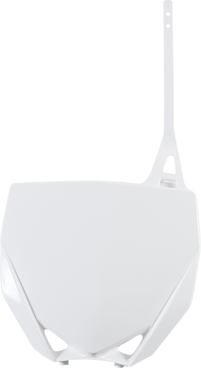 White Acerbis front number plate for motorcycles, mounted on the body, with visible mounting points and brand details.