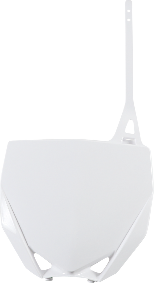 White Acerbis front number plate for motorcycles, mounted on the body, with visible mounting points and brand details.