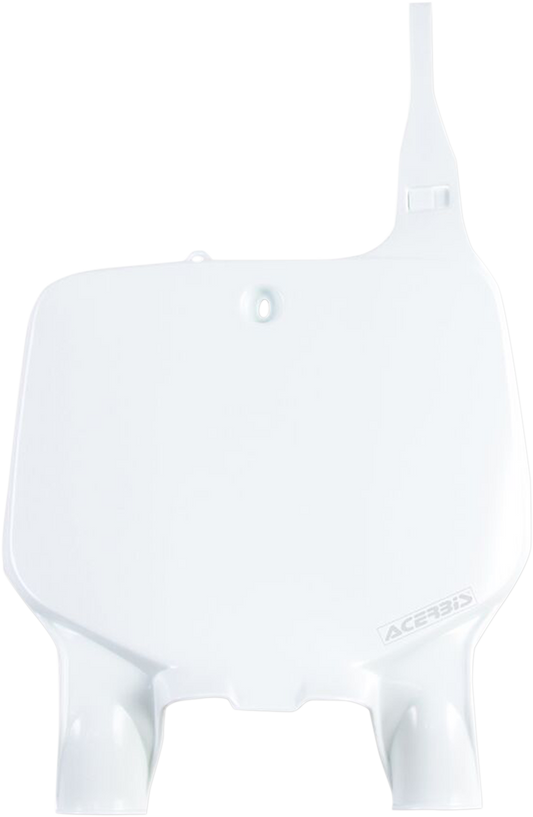 Acerbis white front number plate for KX 125/250/500 motocross bikes, model 2042300002, mounted on a motorcycle.