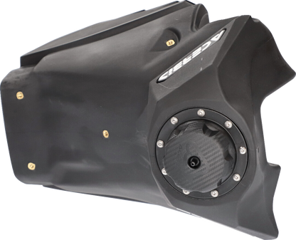 Acerbis black fuel tank for Yamaha YZ 125/250/X 2022-2023 motorcycle, viewed from the side showing branding and sleek body design.