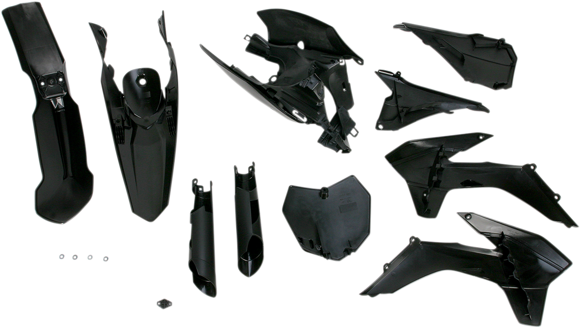 Black Acerbis full replacement body kit for motorcycle, featuring durable plastic body panels with brand-specific design.