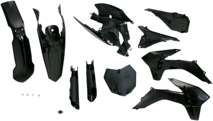 Black Acerbis full replacement body kit for motorcycle, featuring durable plastic body panels with brand-specific design.