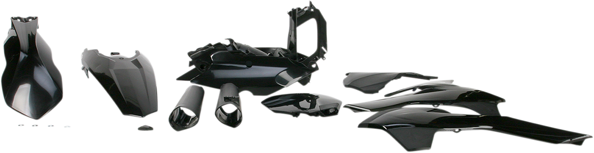 Acerbis full replacement body kit in black, designed for motorcycle customization, featuring detailed component views.