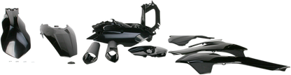 Acerbis full replacement body kit in black, designed for motorcycle customization, featuring detailed component views.