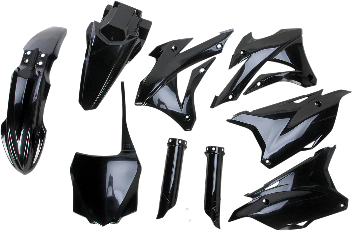 Acerbis black full replacement body kit for motorcycles, showing sleek black panels and parts on a white background.