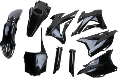 Acerbis black full replacement body kit for motorcycles, showing sleek black panels and parts on a white background.