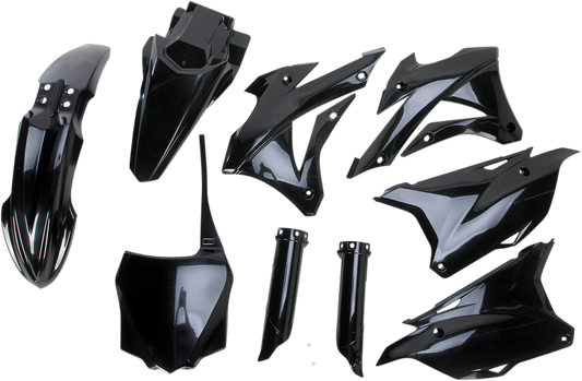 Acerbis black full replacement body kit for motorcycles, showing sleek black panels and parts on a white background.