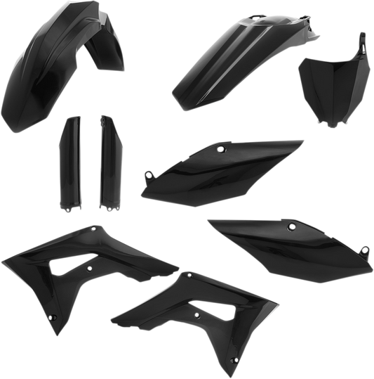 Acerbis full black replacement body kit for motorcycles, shown on white background with detailed panels and sleek design.