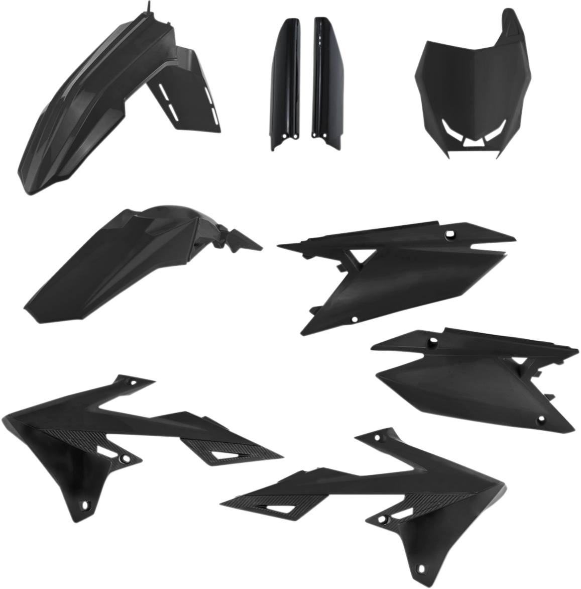 Acerbis black full replacement body kit for motorcycles, featuring sleek, durable panels designed for optimal fit and style.
