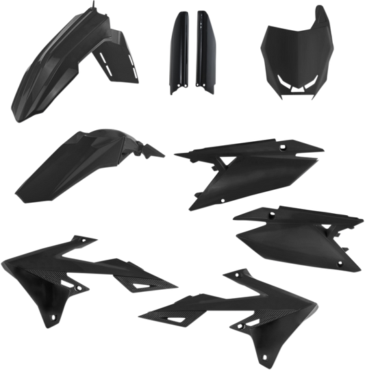 Acerbis black full replacement body kit for motorcycles, featuring sleek, durable panels designed for optimal fit and style.