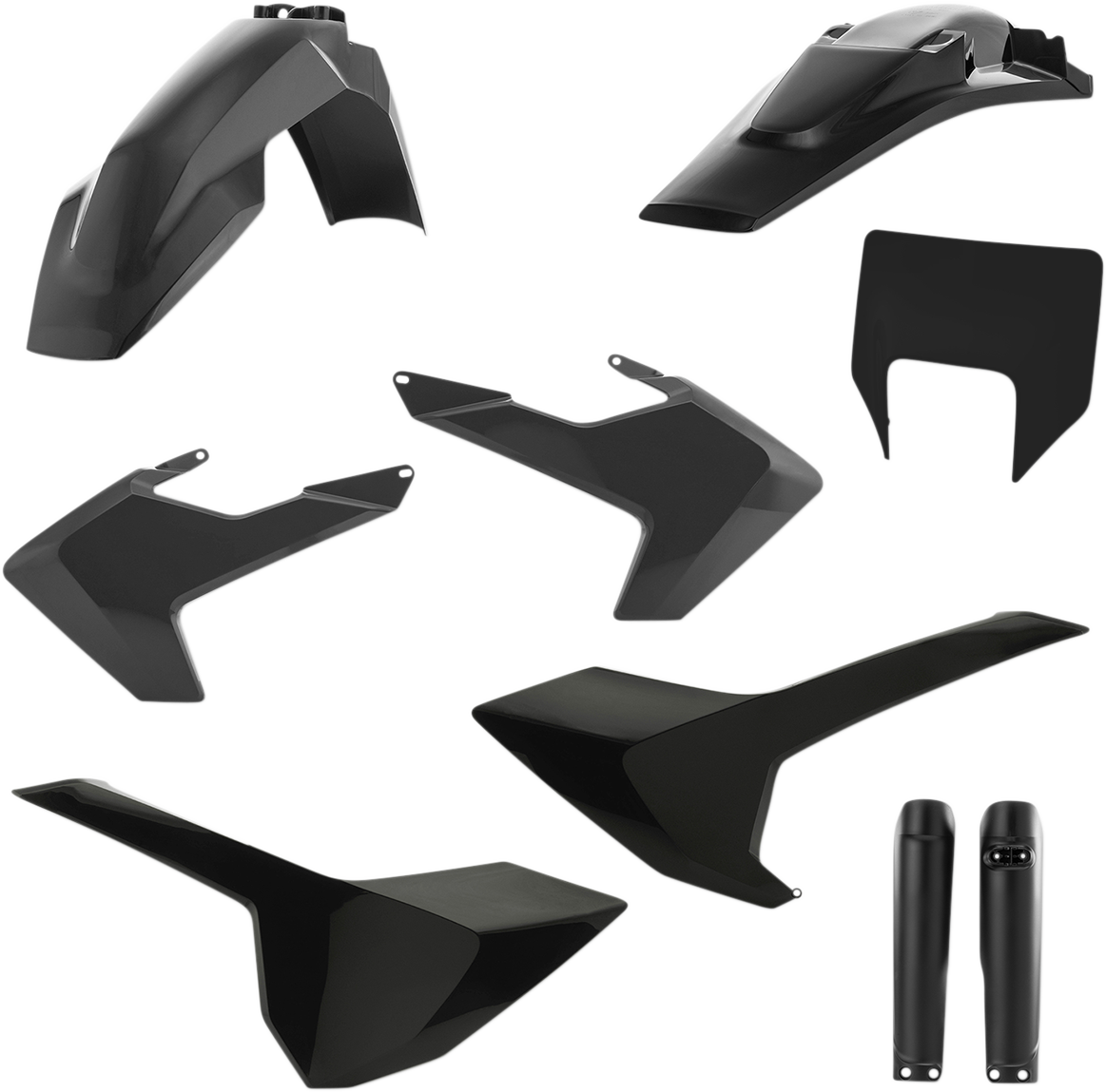 Acerbis full replacement body kit in black for motorcycles, shown on a plain background with detailed panels and design.