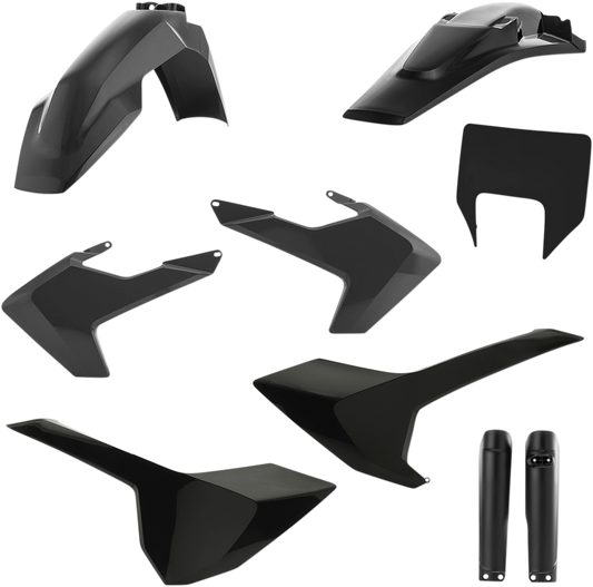 Acerbis full replacement body kit in black for motorcycles, shown on a plain background with detailed panels and design.