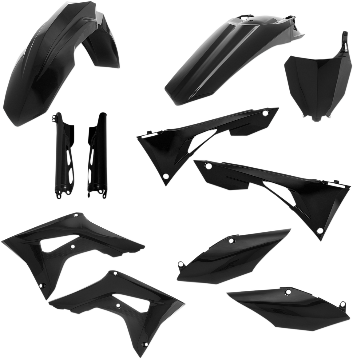 Acerbis black full replacement body kit for motorcycles, featuring sleek design, mounted on a bike frame.