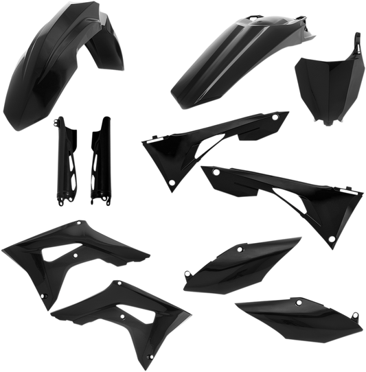 Acerbis black full replacement body kit for motorcycles, featuring sleek design, mounted on a bike frame.