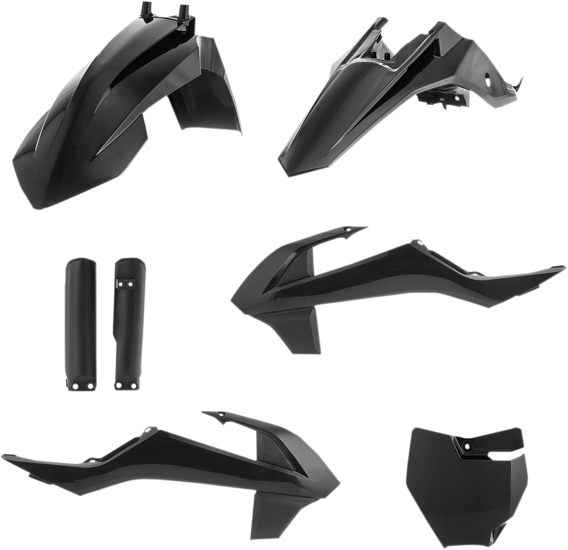 Acerbis full replacement body kit in black for motorcycles, featuring smooth panels and sleek design, displayed on a white background.