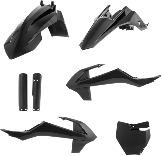 Acerbis full replacement body kit in black for motorcycles, featuring smooth panels and sleek design, displayed on a white background.