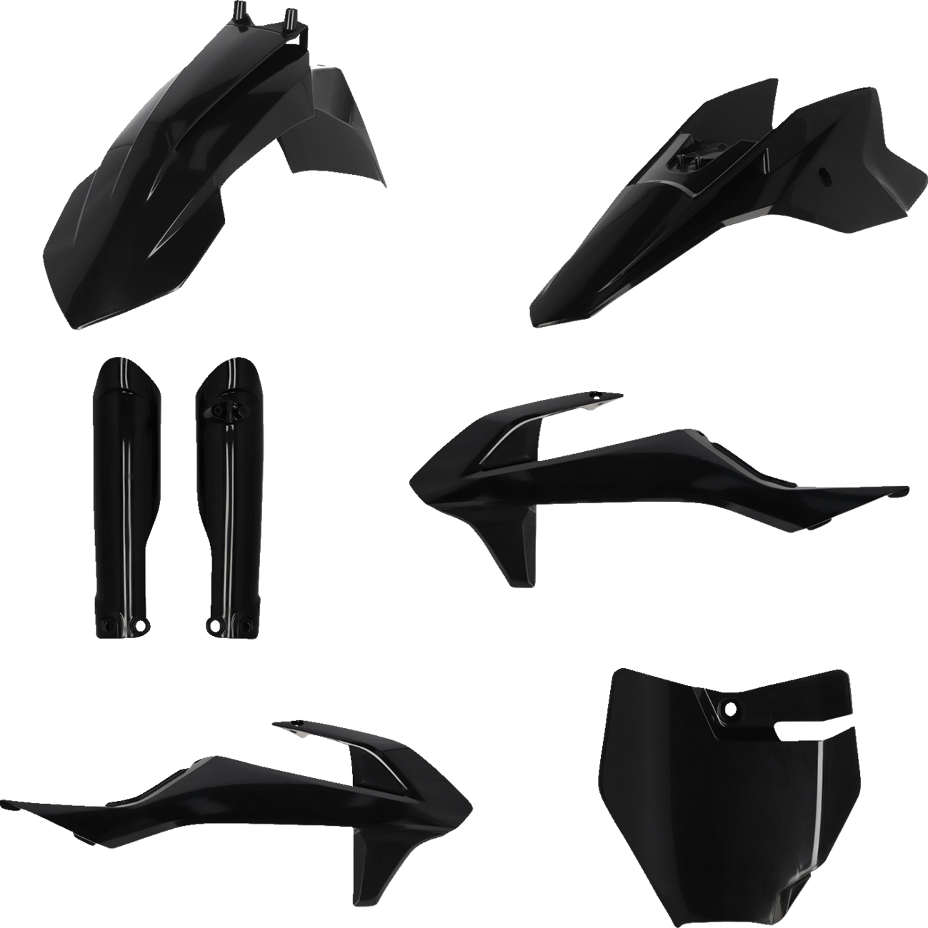 A black Acerbis full replacement body kit for motorcycles, featuring sleek, durable plastic panels with brand branding.