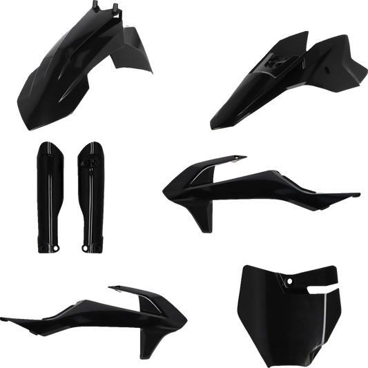 A black Acerbis full replacement body kit for motorcycles, featuring sleek, durable plastic panels with brand branding.