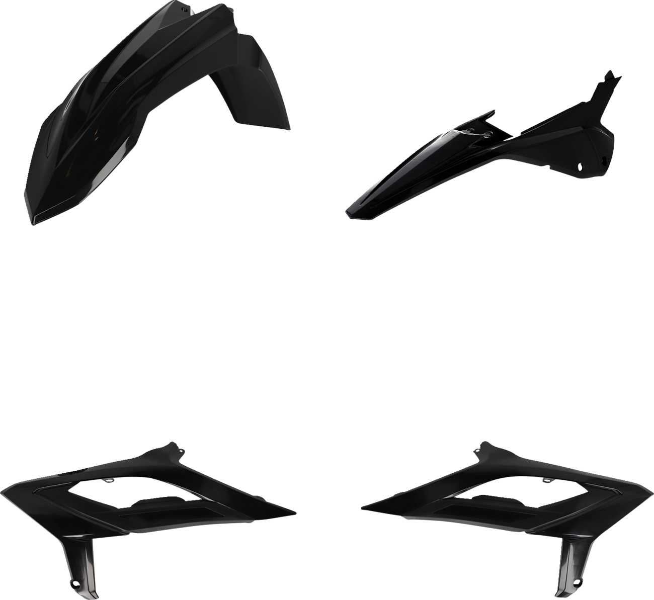 Acerbis black full replacement body kit for motorcycles, shown on a vehicle, featuring sleek black panels and precise fitting.