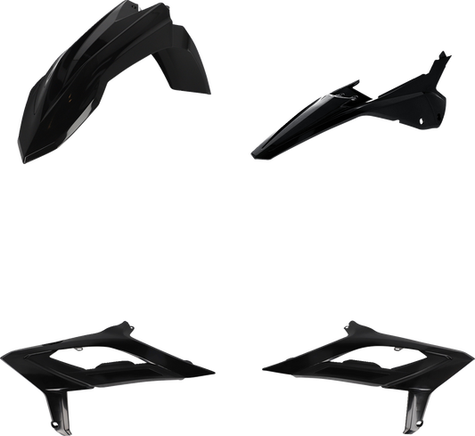 Acerbis black full replacement body kit for motorcycles, shown on a vehicle, featuring sleek black panels and precise fitting.
