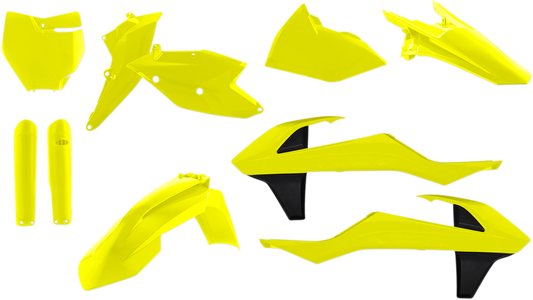 Acerbis full replacement motorcycle body kit in fluorescent yellow and black, designed for a sleek, custom look.
