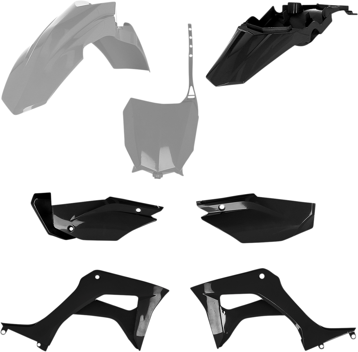 Acerbis full replacement body kit in gray and black for motorcycle, showing panels and aerodynamic design in detailed view.