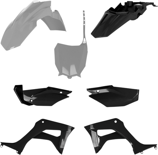 Acerbis full replacement body kit in gray and black for motorcycle, showing panels and aerodynamic design in detailed view.