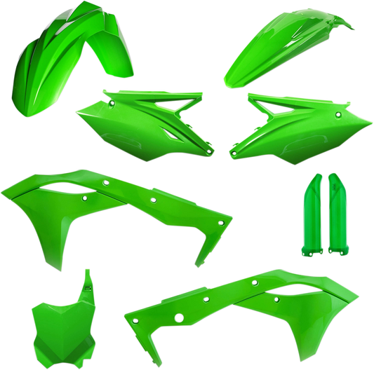A green Acerbis full replacement body kit for motorcycles, featuring a sleek and durable design, displayed on a white background.