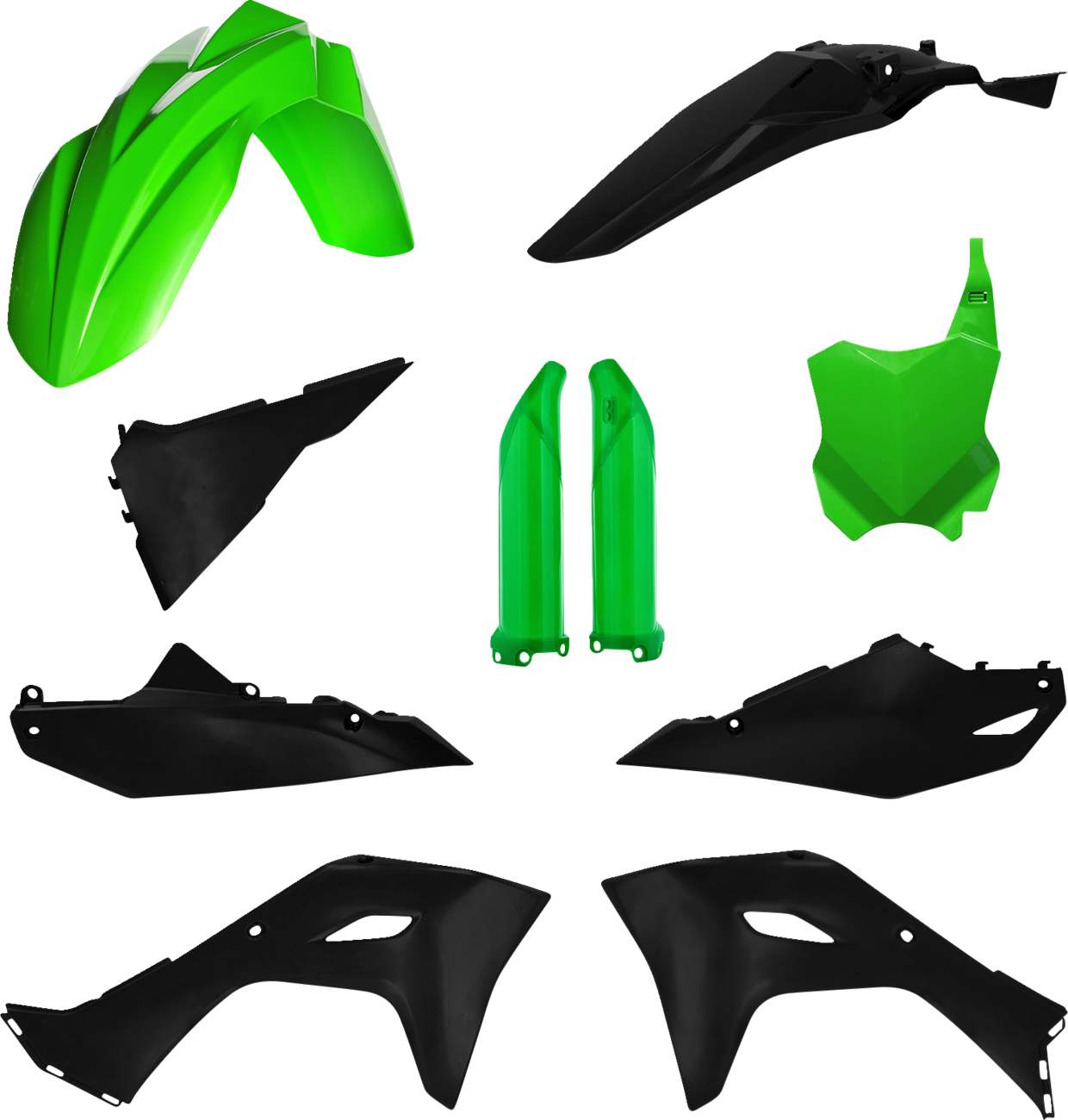 Acerbis full replacement body kit in green and black for motorcycle, featuring streamlined design and durable plastic construction.