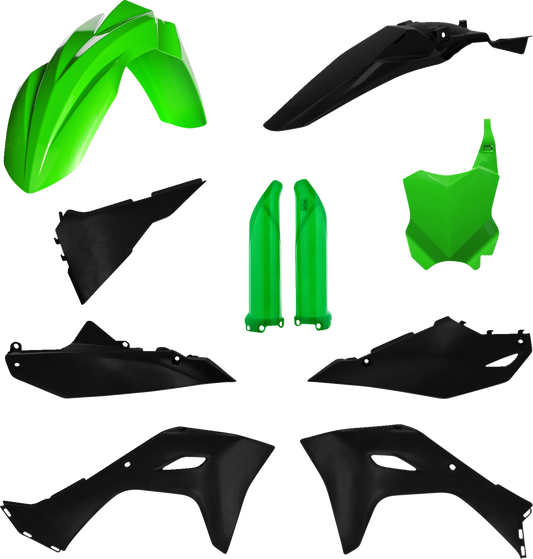 Acerbis full replacement body kit in green and black for motorcycle, featuring streamlined design and durable plastic construction.