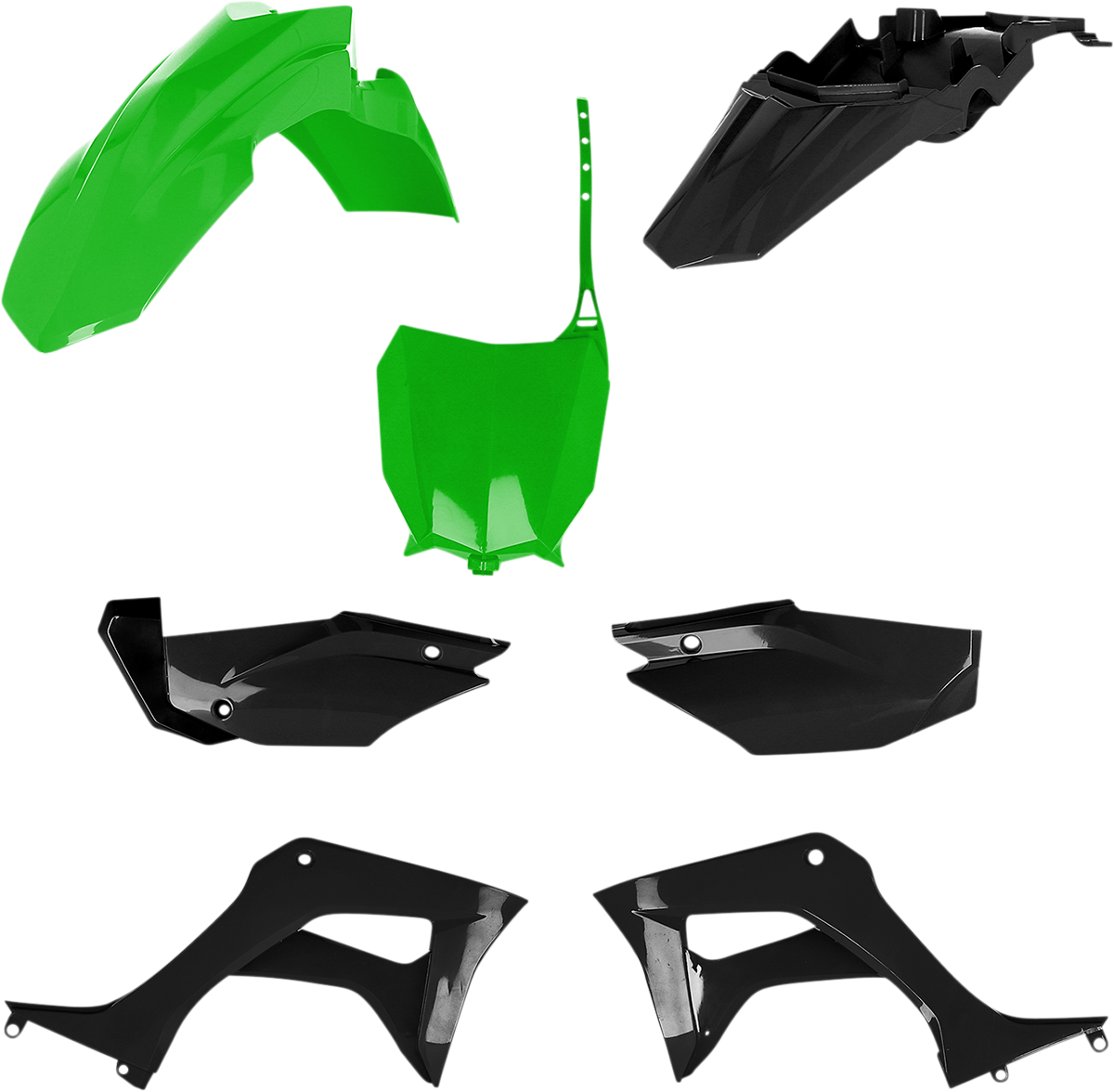 Acerbis full replacement body kit in green and black for CRF110F 2019-2023 motorcycle, shown on a white background.