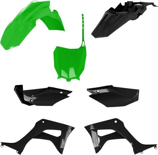 Acerbis full replacement body kit in green and black for CRF110F 2019-2023 motorcycle, shown on a white background.
