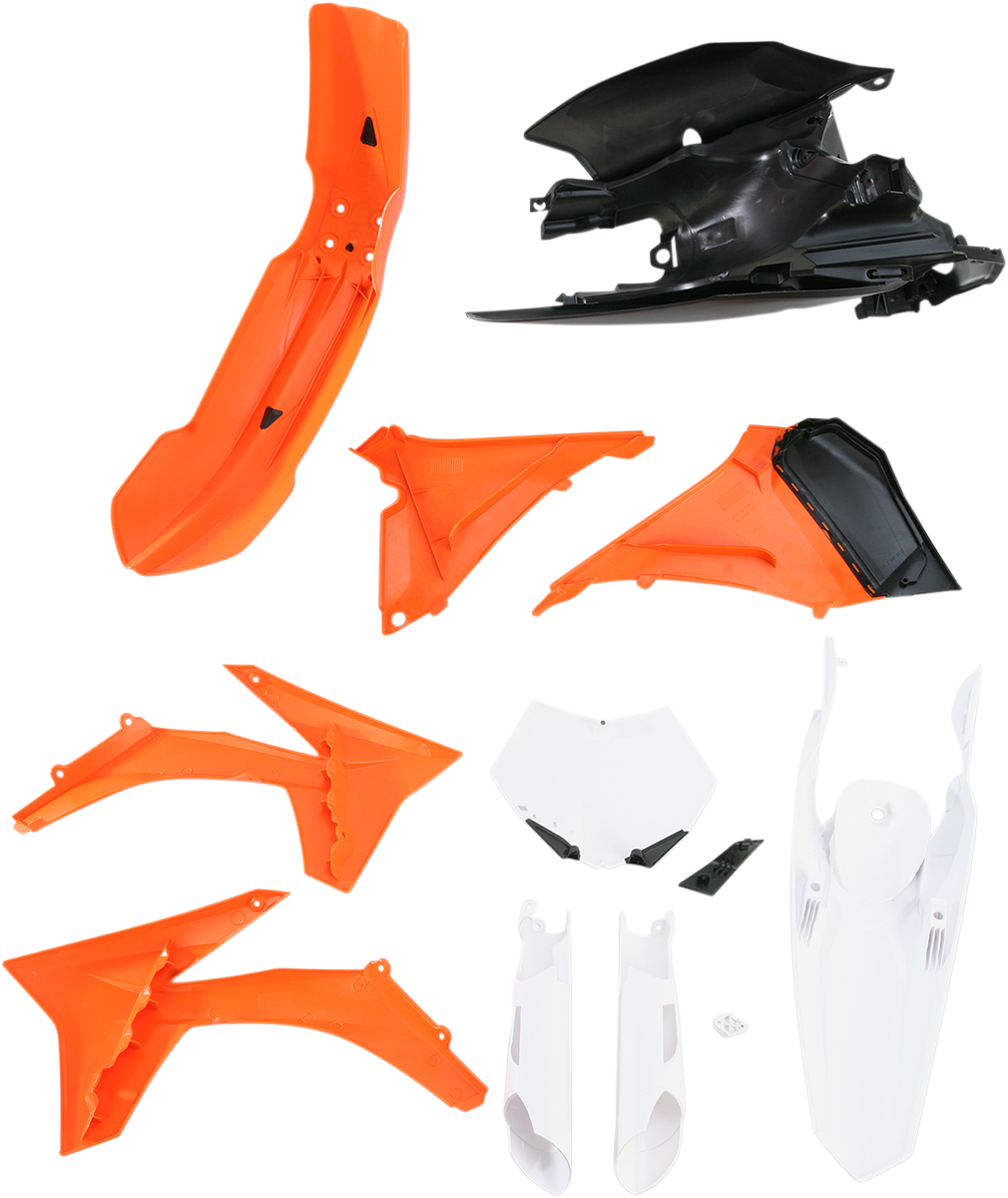 Acerbis full replacement body kit for KTM 250, in orange, black, and white, designed for OEM 2011 motorcycle model.