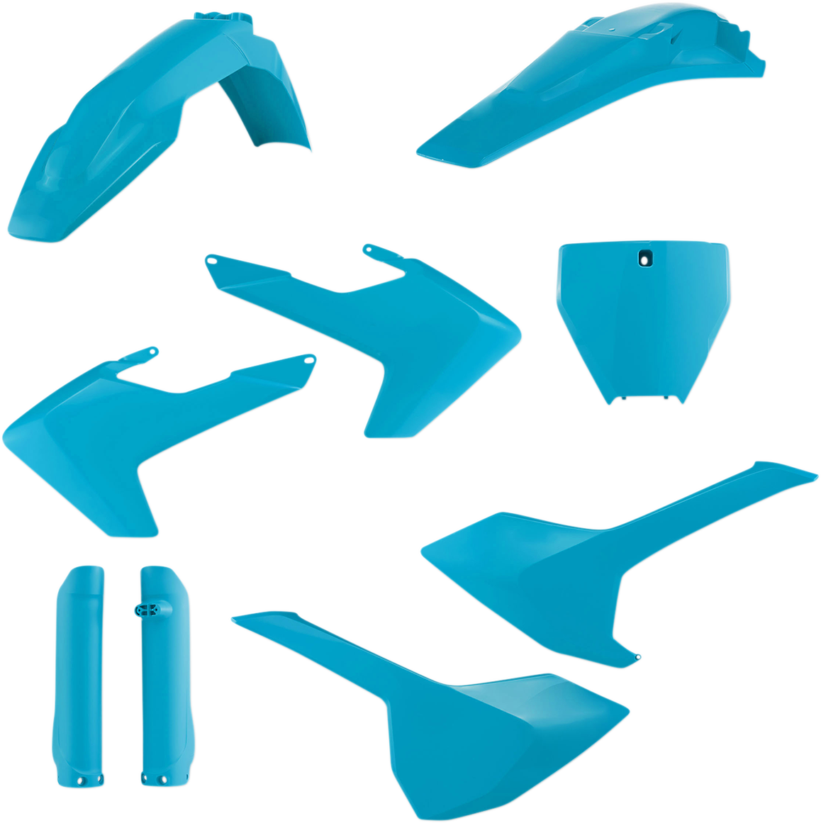 Acerbis full replacement body kit in light blue for motorcycle, featuring seamless design and brand-specific styling.