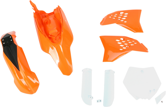 Acerbis full replacement body kit in orange, white, and black for OEM '13 motorcycle, featuring detailed body panels and design.
