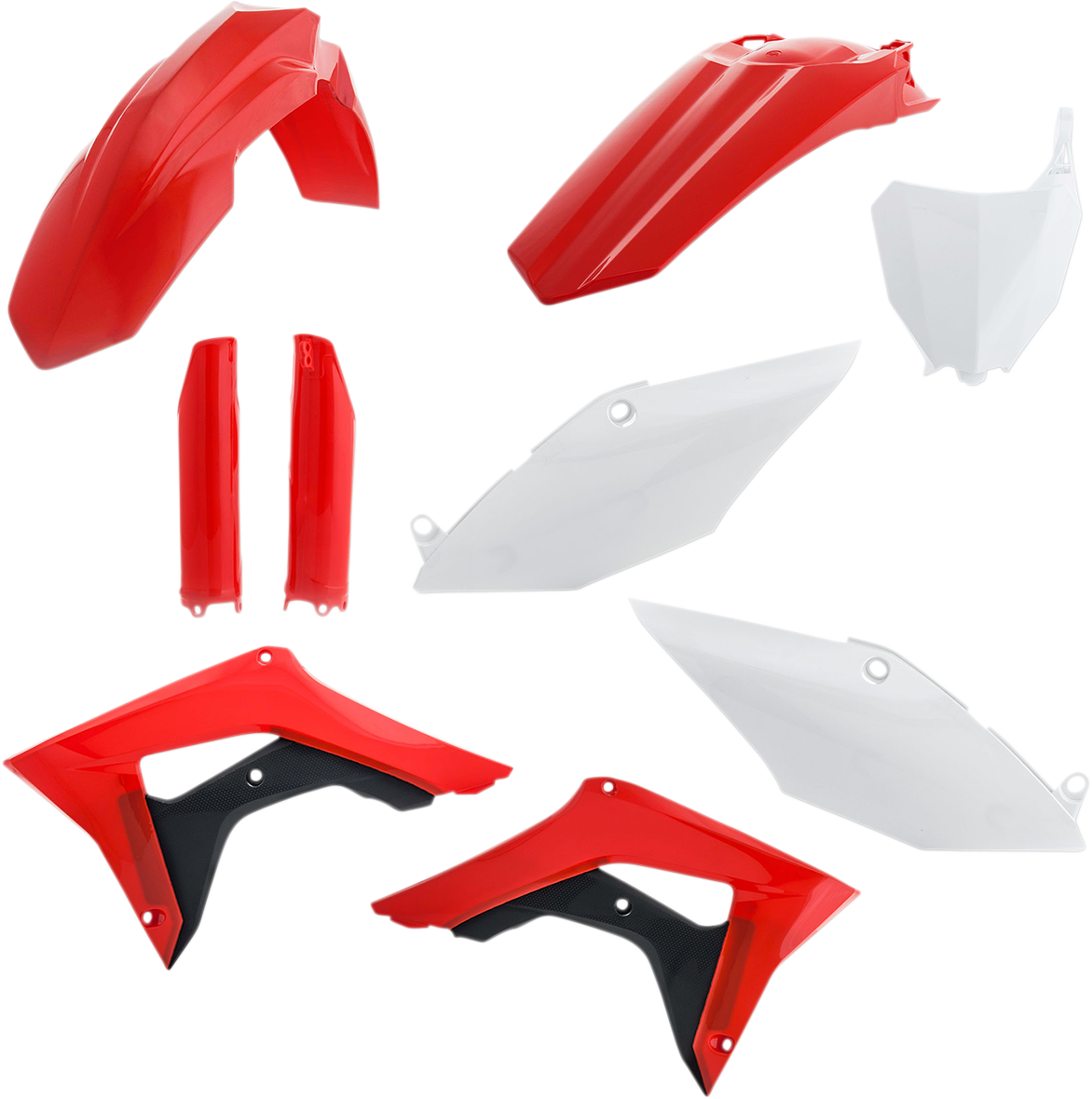 Acerbis full replacement body kit in red, white, and black for OEM 2017 motorcycle, designed by Bill's Exhausts.