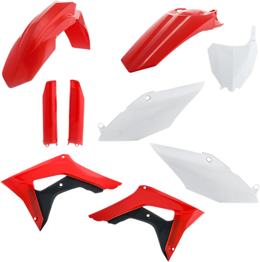 Acerbis full replacement body kit in red, white, and black for OEM 2017 motorcycle, designed by Bill's Exhausts.