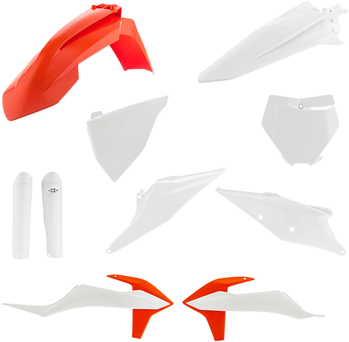 Acerbis full replacement body kit in orange and white for OEM 2019 motorcycle, featuring sleek design and durable plastic construction.